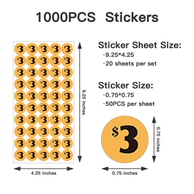 DUGUTUL 1000 pcs $3 Color-Coded Price Stickers for Garage Sale and Flea Market, 3/4"" Diameter - Bold Fonts, Clear Visibility, High Visibility, Easy Organization - Image 2